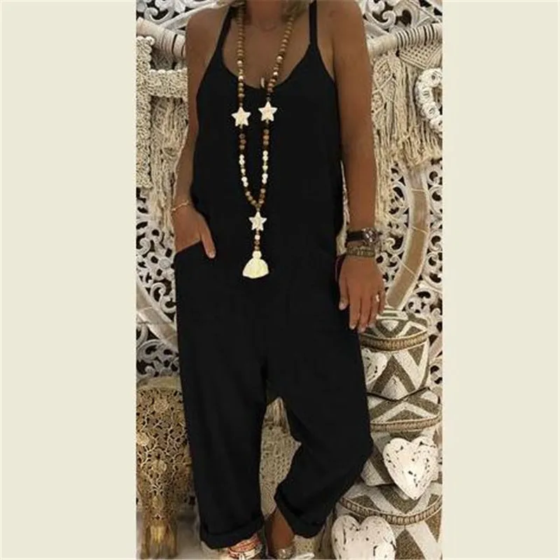 

S 2XL Jumpsuits 2019 Women Casual Solid Strappy Dungarees Vintage Cotton Linen Loose Party Long Harem Overalls Rompers Jumpsuits