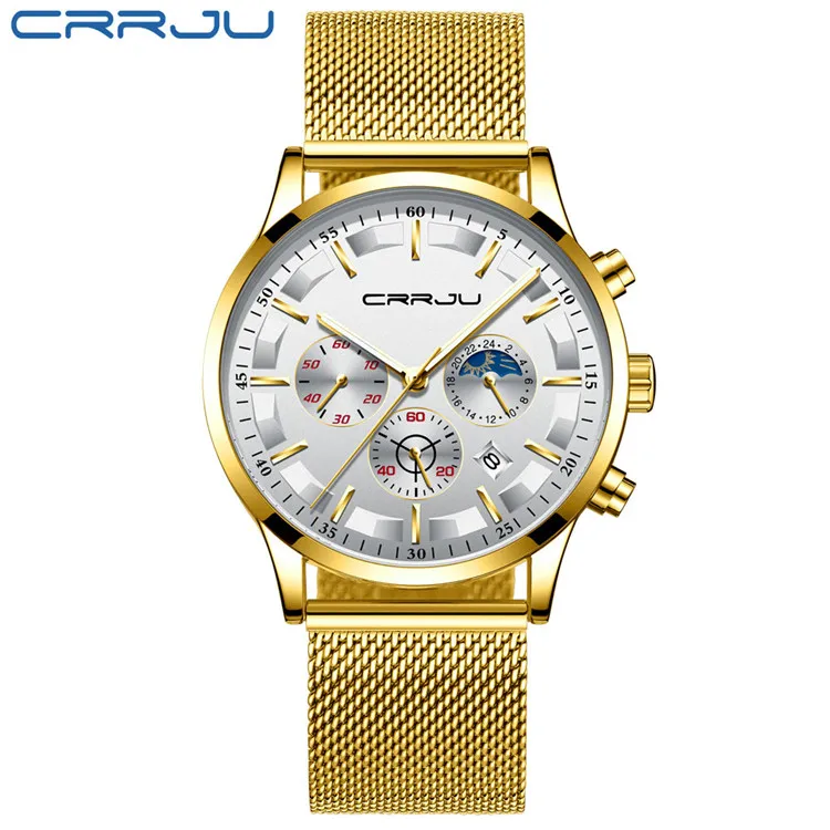 mesh gold white CRRJU хит Топ люксовый бренд мужские повседневные платья из нержавеющей стали Кварцевые часы с хронограф дат бизнес подарок Прямая поставка - Цвет: mesh gold white