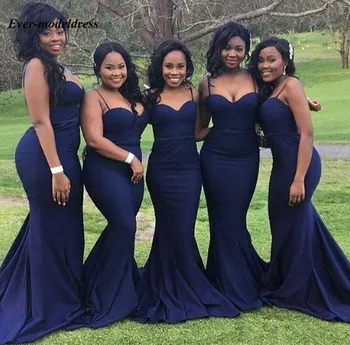 

Navy Blue Mermaid Plus Size Country Bridesmaid Dresses Spaghetti Trumpet Long Wedding Guest Party Gowns vestido de festa longo