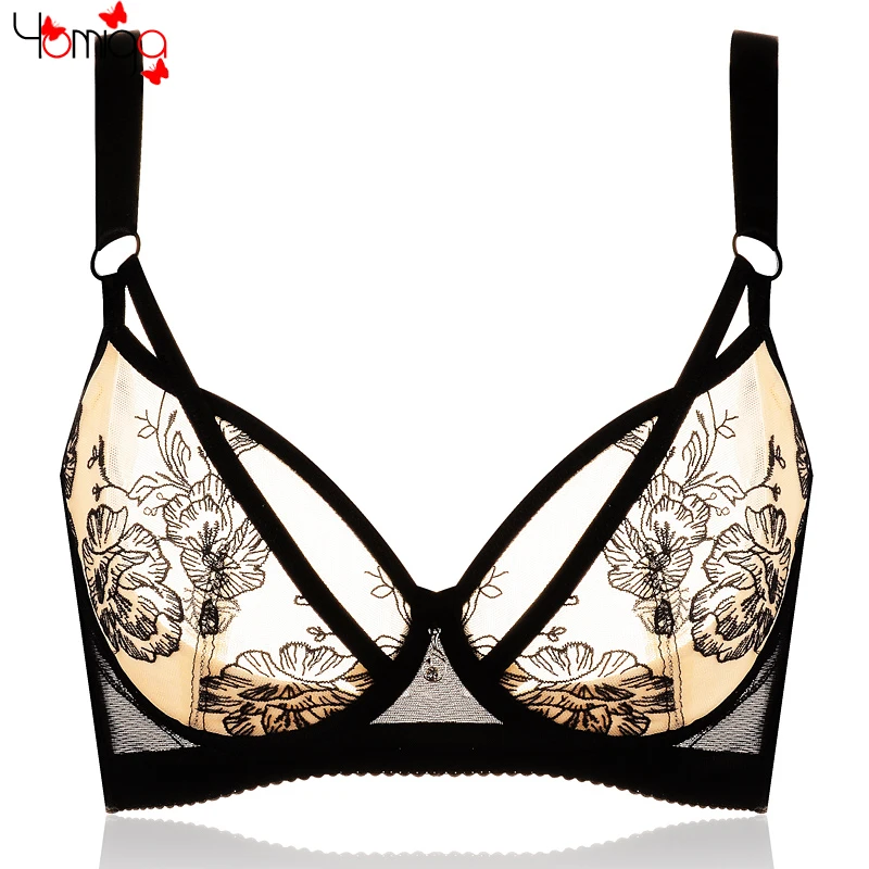 New lace mesh bra plus size lingerie deep plunge thin cup transparent