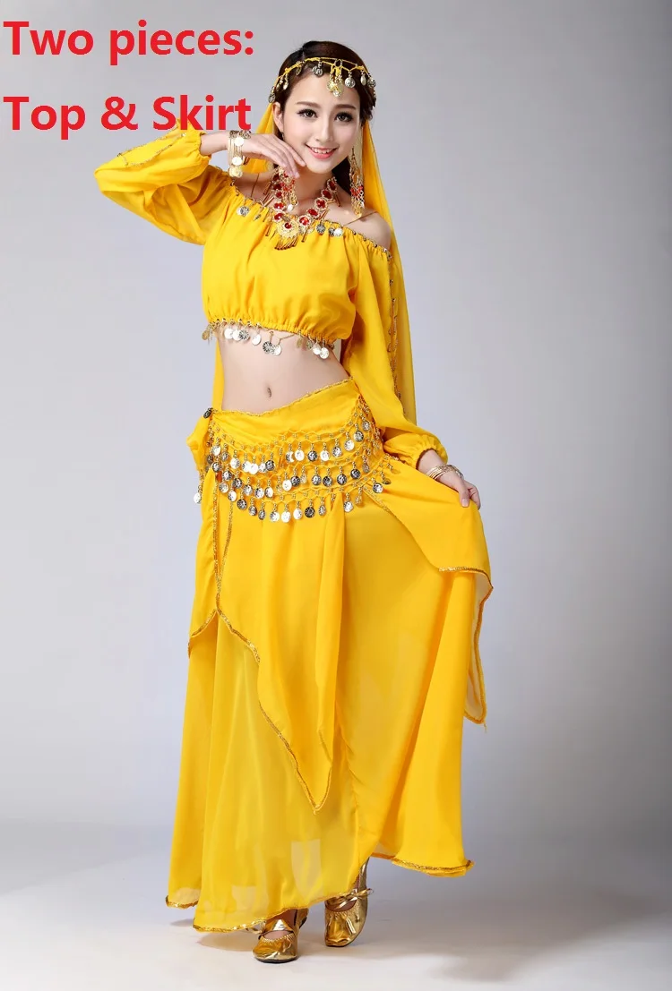 Профессиональные Костюмы для восточных танцев, Женский индийский костюм для восточных танца живота, платья, Золотая юбка для танца живота, длинная - Цвет: Yellow2pcs