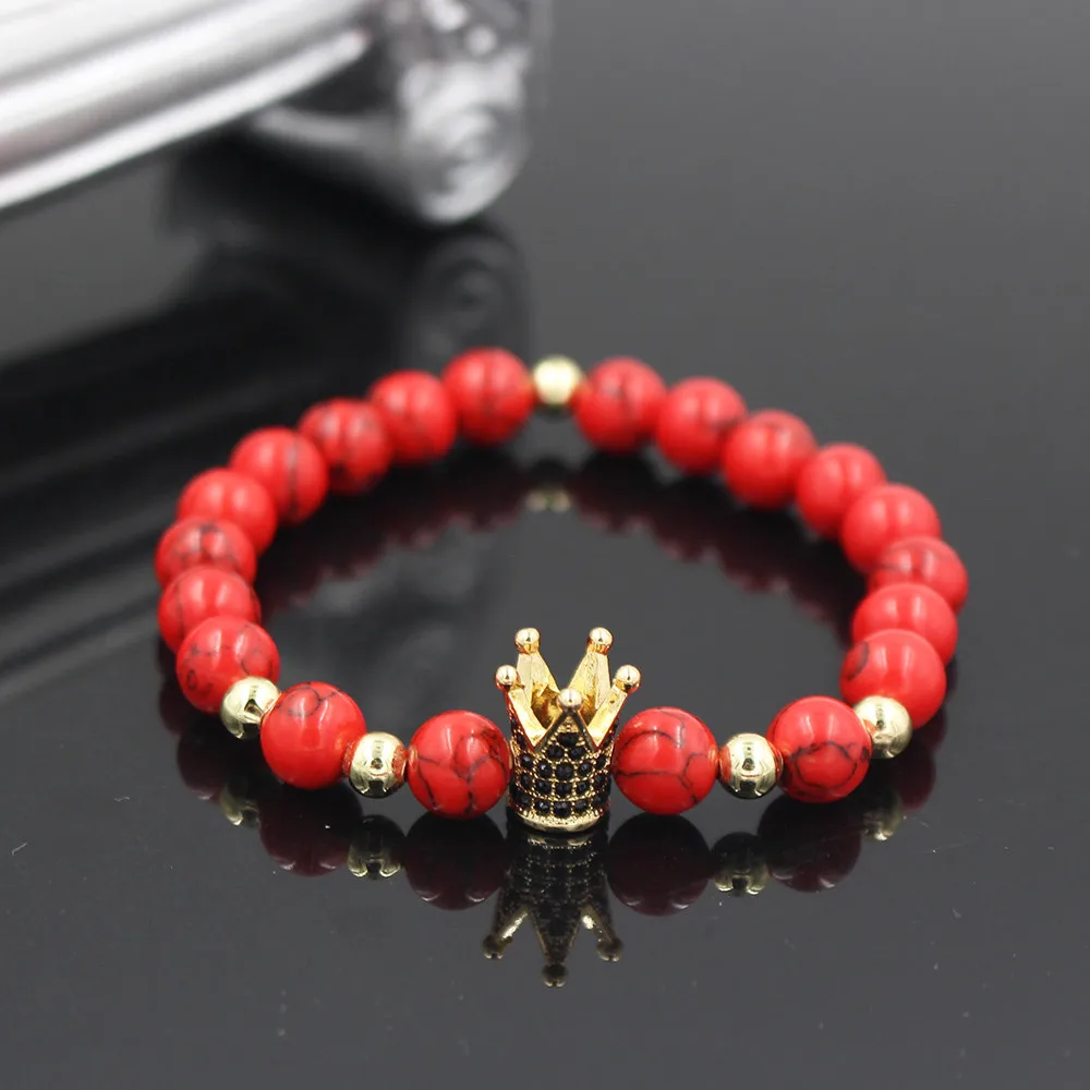 Черный CZ King очаровательный браслет с короной эластичная регулировка для мужчин и женщин натуральный красный камень Howlite бусины для женщин мужские ювелирные изделия