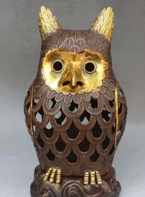

shitou 003262 15" Chineser FengShui Folk Bronze Gilt Owl Noctua Incense Burner Cneser Statue discount 30% (C0324)