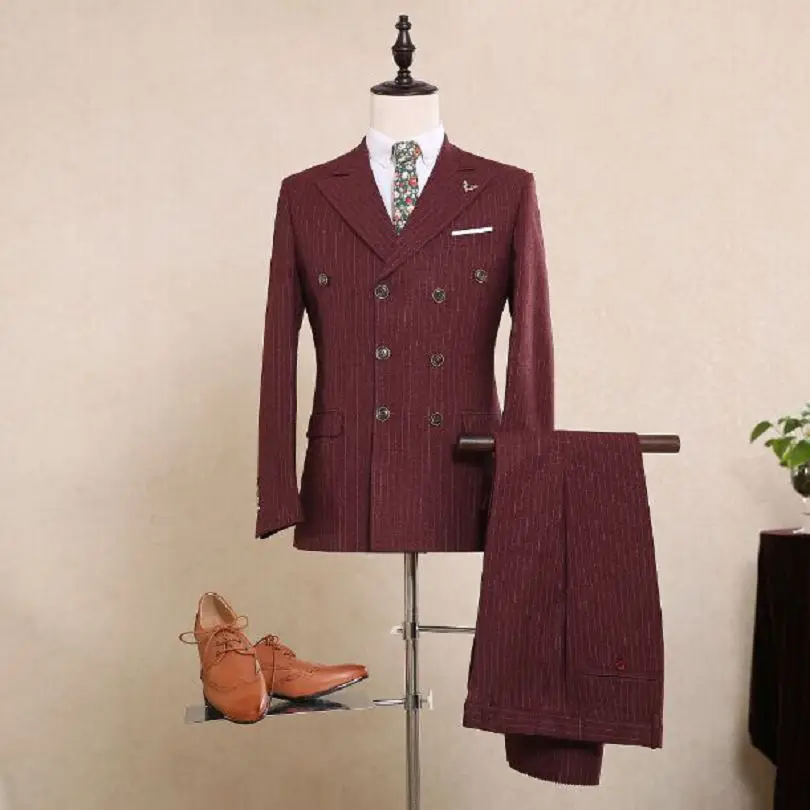 2018 Dark Red Pinstripe Wedding Suit Double Breasted Business Suit For