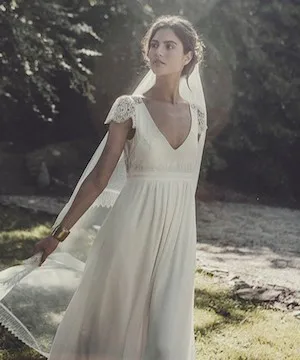 

Vintage V Neck Boho Chiffon Lace Beach Wedding Dresses 2017 With Short Sleeve Elegant Bridal Gowns Plus Size