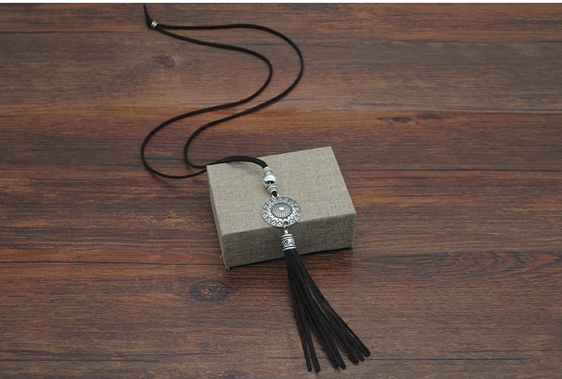 Yumfeel Bohemian Tassel Necklace Leather Tassel Pendant Necklace Long Necklace Dark Brown Color