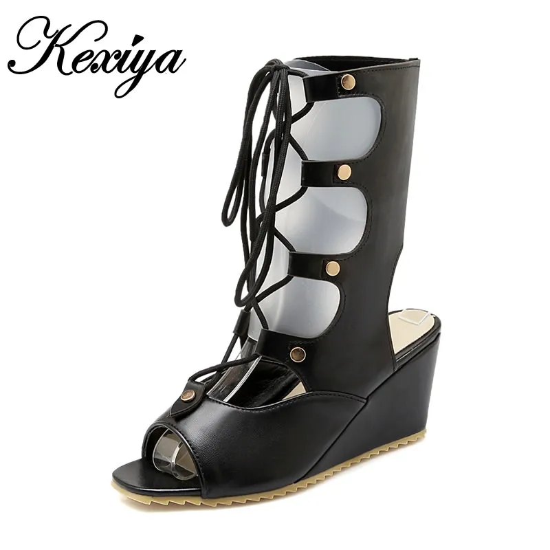 

2016 New Summer women Mid-Calf boots plus size 33-43 high heel shoes sexy Peep Toe Wedges Lace-Up gladiator Sandals GT-M606