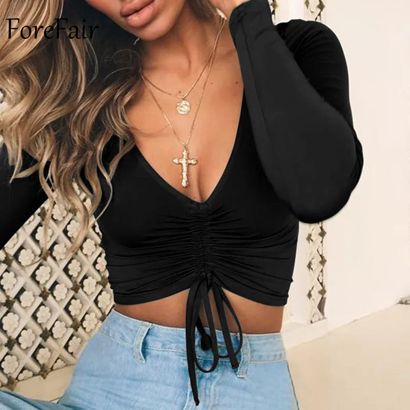 Forefair V Neck Sexy Long Sleeve Crop Tops Women Autumn 2018 Ruched Lace Up Casual Slim Black Winter Shirts Women 2018 Forefair V Neck Sexy Long Sleeve Crop Tops Women Autumn 2018 Ruched Lace Up Casual Slim Black Winter Shirts Women 2018