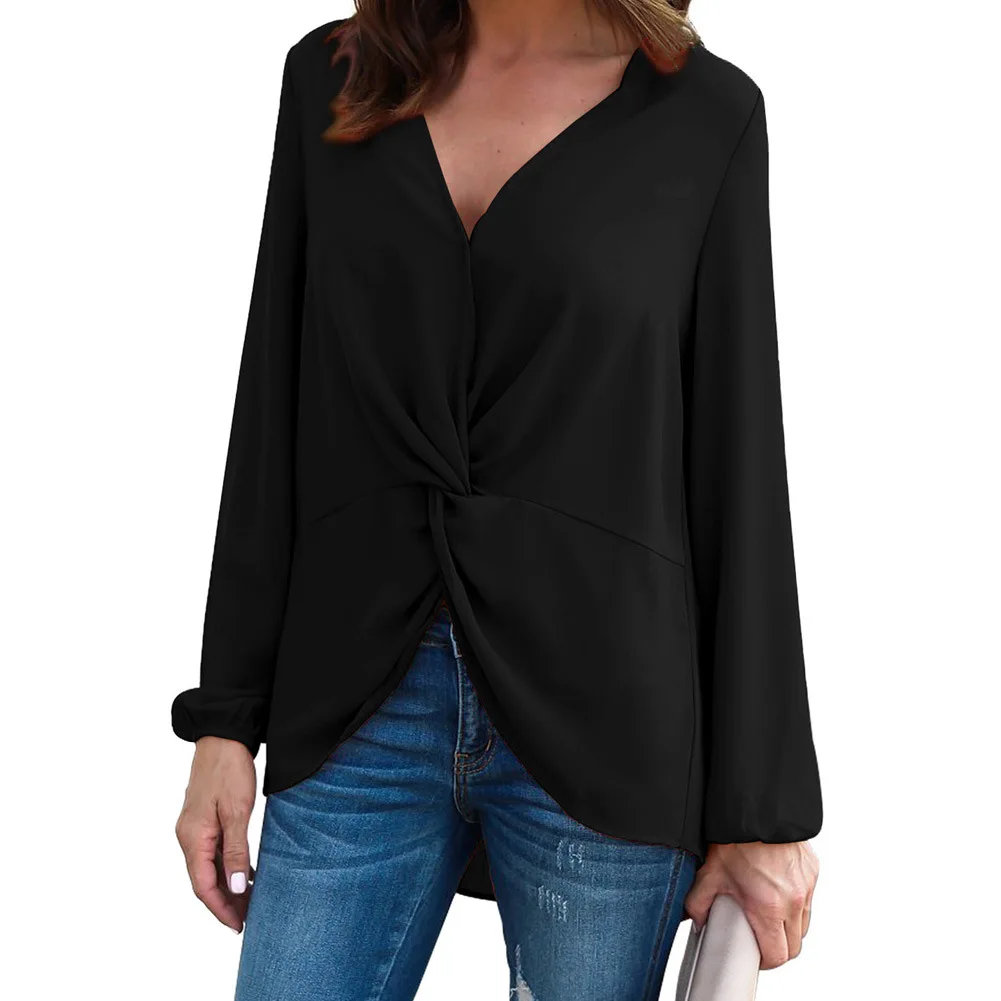 

Woman Long Sleeve Twist Front Slit Blouse Loose Fit High-low Hemline Finished