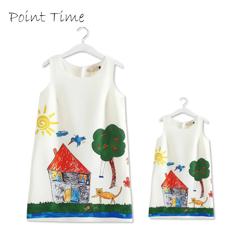 

2017 Hot Selling Family Matching Clothing Mother Daughter Dress Family Party Clothes Paiting Print Sleeveless Mom and Girl Dress