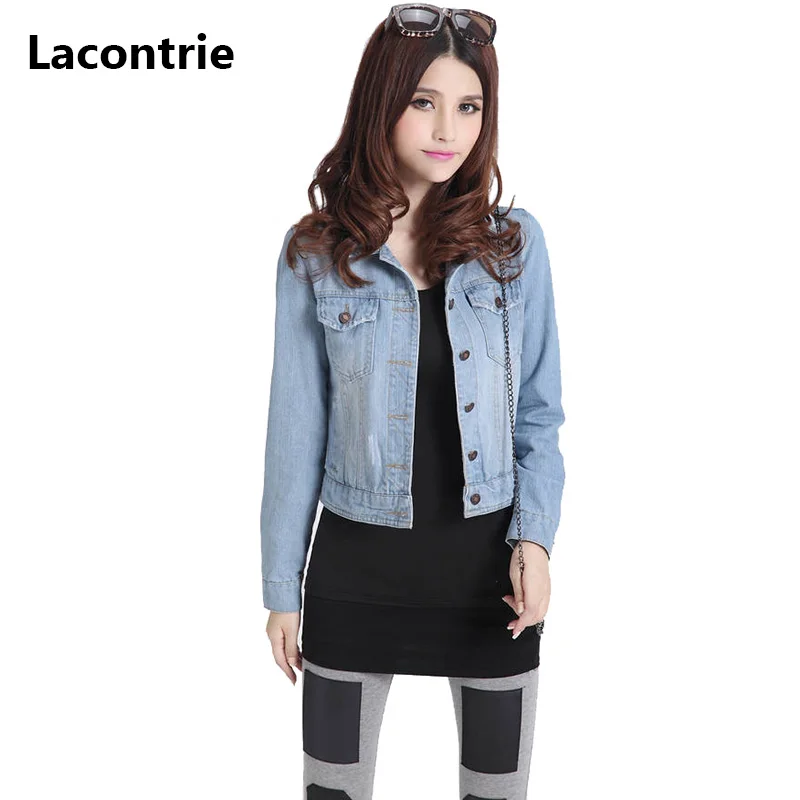 

Lacontrie Denim Jacket 2019 New Spring Women Short Denim Jacket Large Size Turn Down Collar Long Sleeve Casual Jeans Jacket T051