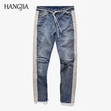 High Street Striped Hole Jeans New Trend Men's Washed Distressed Ankle Zipper Skinny Denim Pants Straight Slim Fit Biker Jeans High Street Striped Hole Jeans New Trend Men's Washed Distressed Ankle Zipper Skinny Denim Pants Straight Slim Fit Biker Jeans