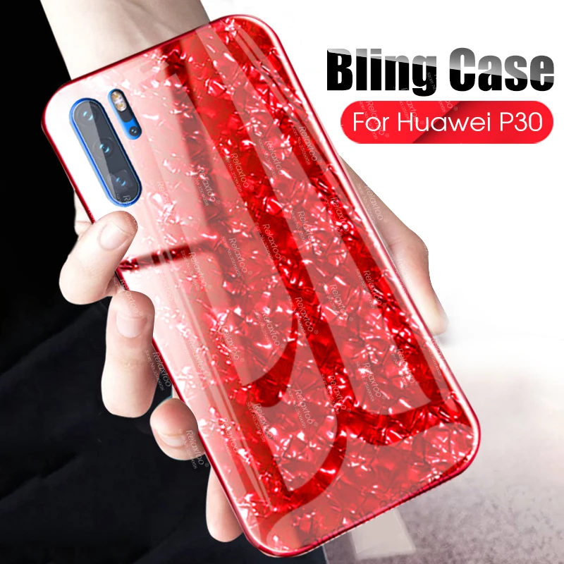 

Luxury Bling Tempered Glass Phone Case For Huawei P30 Pro Lite P30Pro P30Lite Case P 30 30Pro 30Lite Light Soft Frame Hard Cover