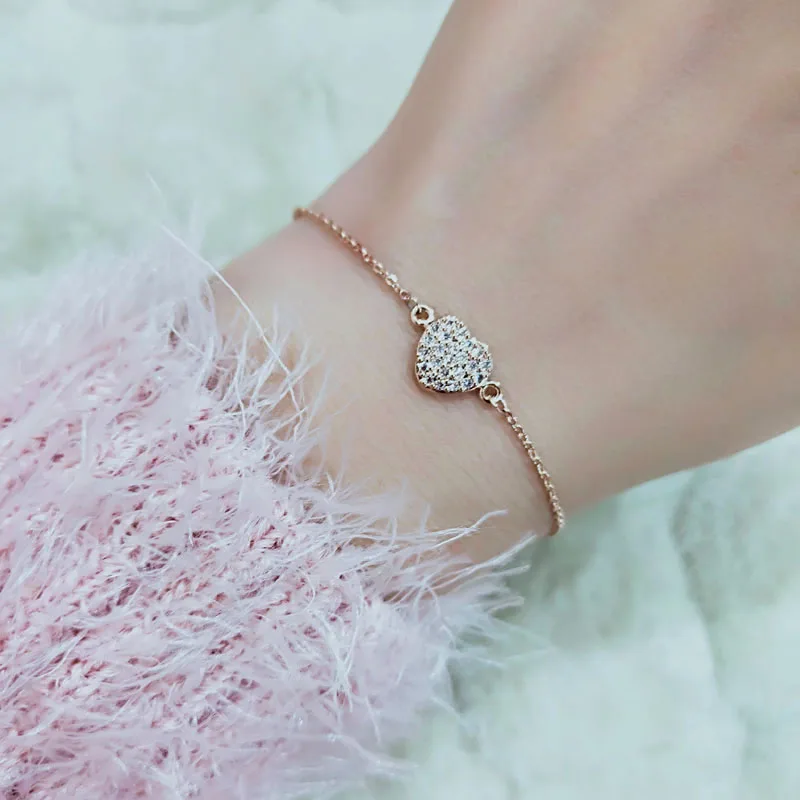 

SINLEERY Romantic Tiny Crystal Heart Chain Bracelet For Women Rose Gold Silver Color Bracelets & Bangle New Design Sl423