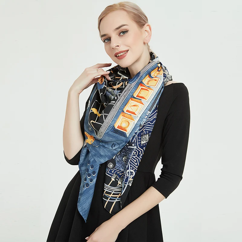Fashion Shawl Scarves For Women Print Twill Silk Hijab Scarf Female 130*130cm Luxury Brand Wraps Square Shawls Scarfs For Ladies