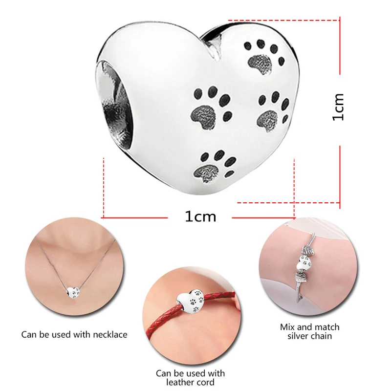 Реальные 925 пробы серебро сердце Очаровательные бусы Pet Paw Love Mom (Я люблю маму) с