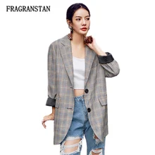 Винтаж серый решетки Однобортный пиджак женский Демисезонный Новая мода Повседневное Свободные Англия Стиль Для женщин верхняя одежда jq374