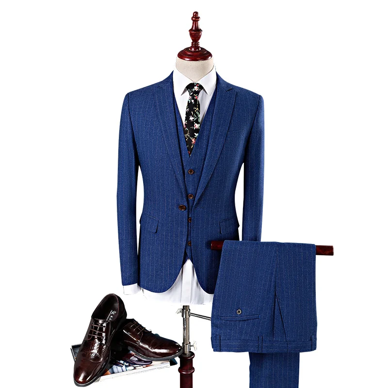 Мужской костюм в полоску 2019 Slim Fit Мужские свадебные костюмы бренд Темно-синие