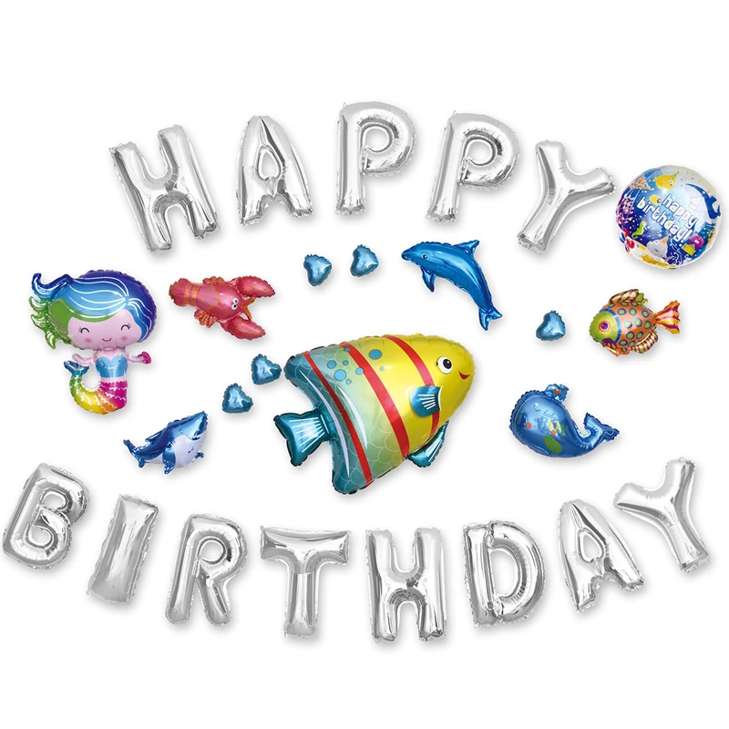 

26pcs Large Lobster Mermaid Big Shark Foil Balloons Happy Ocean Birthday Party Decoration Kids 16inch Letter Balls Home Supplies