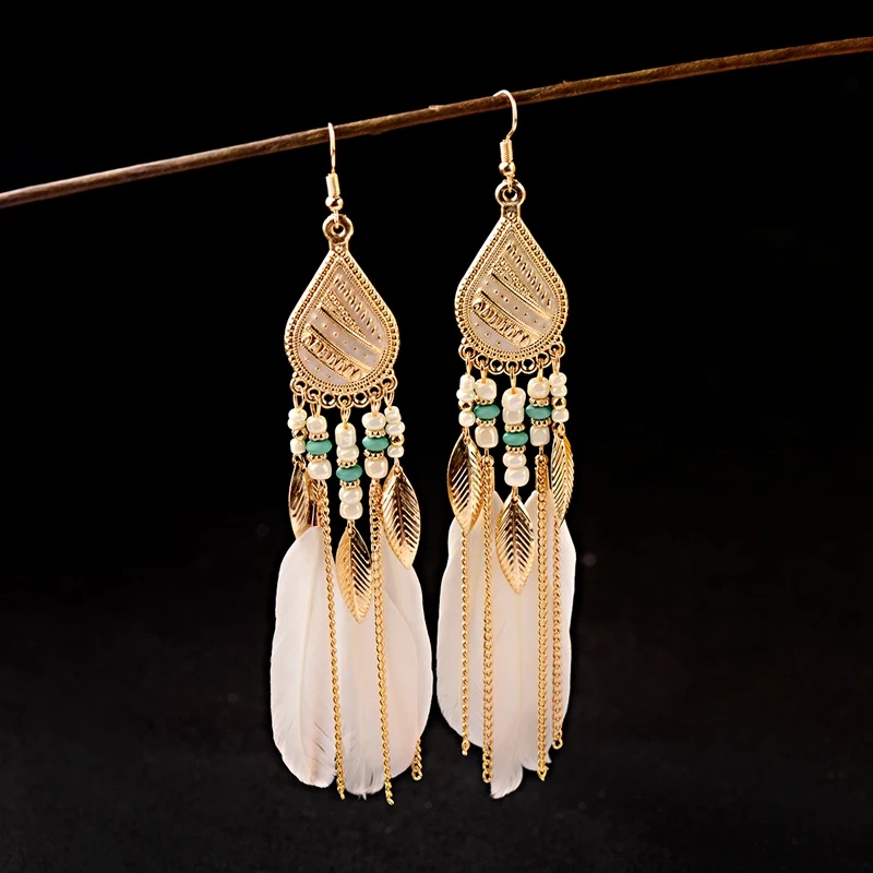 Boucles d'oreilles Jhumka pour femmes, nouvelle collection, ethnique, noir, plume, feuille, bohème, gitane, goutte d'eau, perles en métal, boucles d'oreilles indiennes pour dames, Kolczyki