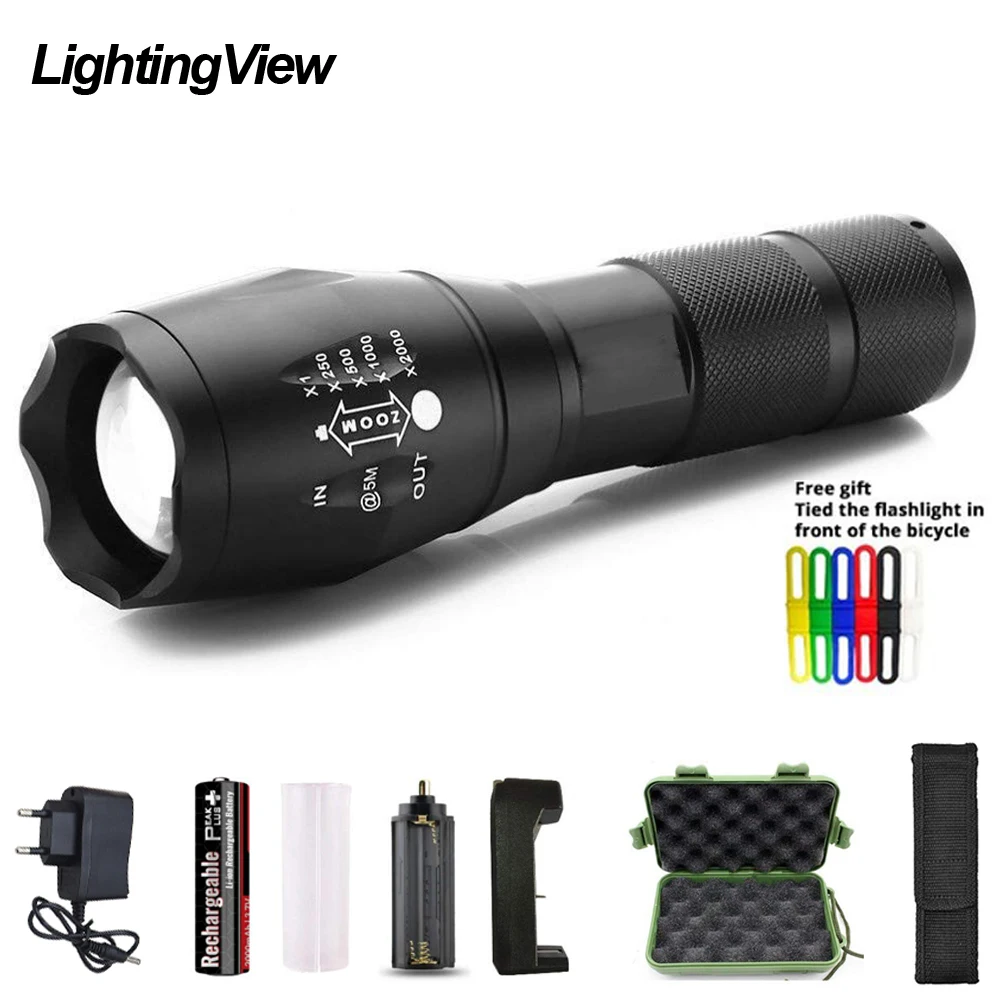 

LightingView Outdoor Zoomable T6/L2 LED Flashlight 5 Modes Camping Bicycle Pocket Torch Rechargeable 18650 Battery