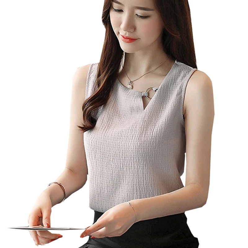 

shintimes Chemise Femme Sleeveless Chiffon Blouse Women Shirt 2019 Skew Collar Korean Style Woman Clothes Summer Top Casual Vest
