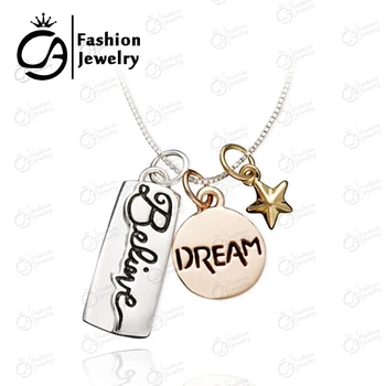 

3 Colors Silver Color, Rose Gold 3 Parts "Believe, Dream" Inspirational Rectangle Round Star Pendant Necklace 20Pcs/lot
