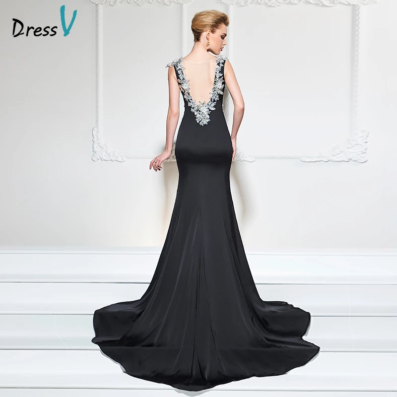Dressv черное элегантное длинное вечернее платье без спинки со шлейфом глубоким