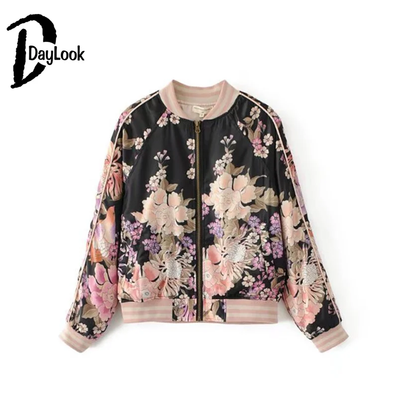 DayLook 2017 Floral Embroidery Bomber Jacket For Women Baseball Chic Outerwear Autumn New Style Loose Sakura Print Pilot Coat | Женская
