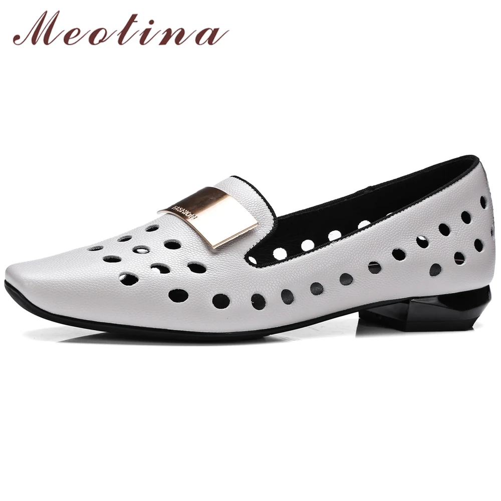 

Meotina High Heels Women Pumps Natural Genuine Leather Cutout Thick Heel Shoes Metal Decoration Square Toe Shoes Female Size 42