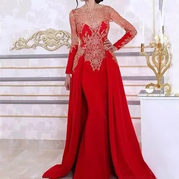 

Long Sleeve Mermaid Evening Dresses With Detachable Skirt Lace Beading Sequin Red Arabic Kaftan Formal Women Evening Gown