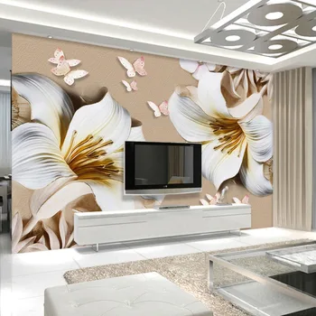 

Custom Mural 3D Stereoscopic Relief Lily Flower Butterfly Living Room TV Backdrop Wall Painting Wallpaper Waterproof Wall Cloth