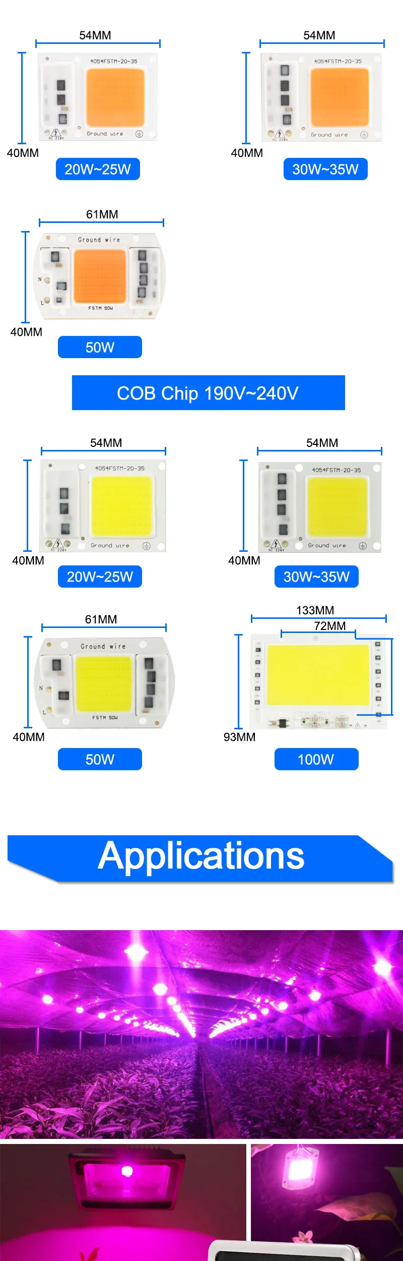 Светодиодный светильник COB/УФ полный спектр/теплый/холодный белый AC 220 V 240 V 20 W 30 W 50 W 100 W для роста растений цветов