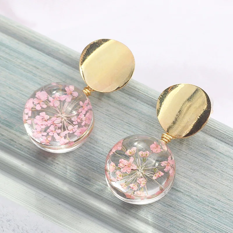 New Metal Sequins Round Earrings Transparent Glass Ball Flowers Dangle Drop Earrings For Women Fashion Jewelry Oorbellen Brincos