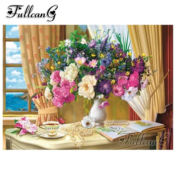 

FULLCANG diy 5d diamond mazayka window still life flowers dimond painting square/round embroidery rhinestone wall decor FC982
