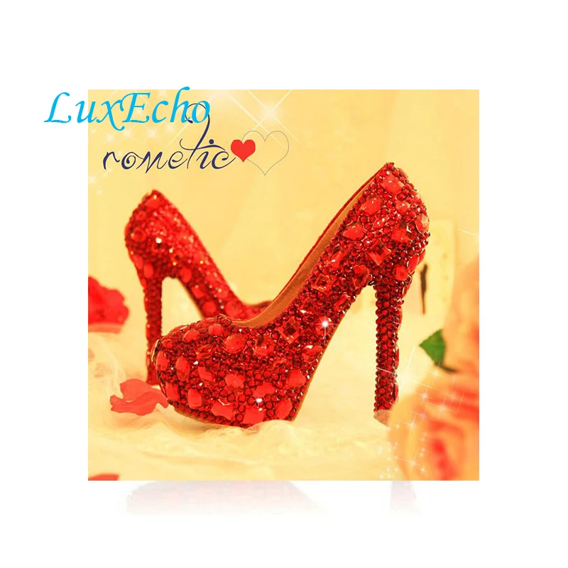 Красные туфли на высоком каблуке со стразами; женская свадебная обувь со стразами; Свадебная обувь принцессы; туфли-лодочки из натуральной кожи; туфли на платформе с круглым носком