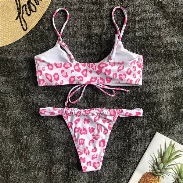 Розовый Леопардовый принт бикини купальник Maillot De Bain женский раздельный купальник для плавания для отдыха с пуш-ап завязками комплект бикини