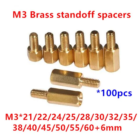 

100pcs 3mm Thread M3 Hex Brass Standoff Spacer Male to Female Brass Spacing Screws M3*22/24/25/26/28/30/32/35/40/50/60+6mm