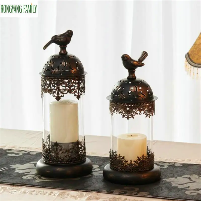 

European Antique Iron Glass Candle Holders Moroccan Retro BIRD Candlesticks Home Decoration Romantic Wedding Candle Stick Sconce