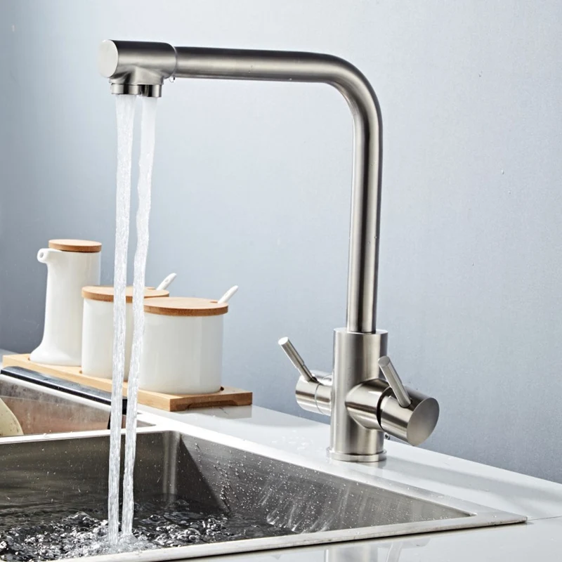 

304 Stainless Steel Faucet Kitchen sink Faucet mixer Seven Letter Design 360 Degree Rotation Water Purification tap Dual Handle