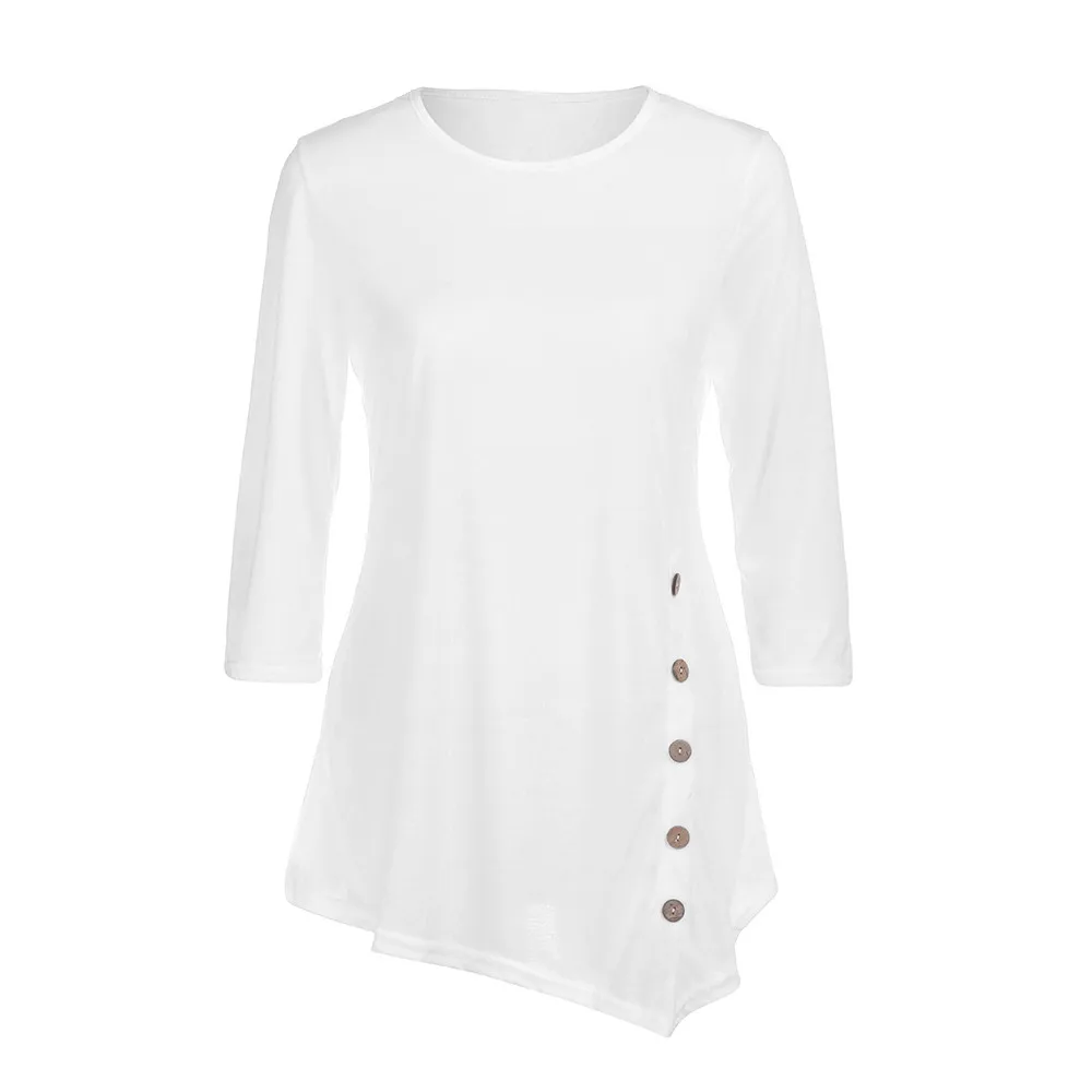 Новая женская футболка с длинным рукавом, Свободная блуза на пуговицах, Женская однотонная блуза с круглым вырезом, Асимметричный топ-туника, осенний весенний хлопковый топ
