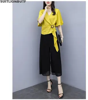 

XL-5xl Plus Size Chiffon 2 Pieces Set Women Flare Sleeve Sashes Slim Tops Wide Leg Chiffon Pants Elegant Ladies Two Piece Set