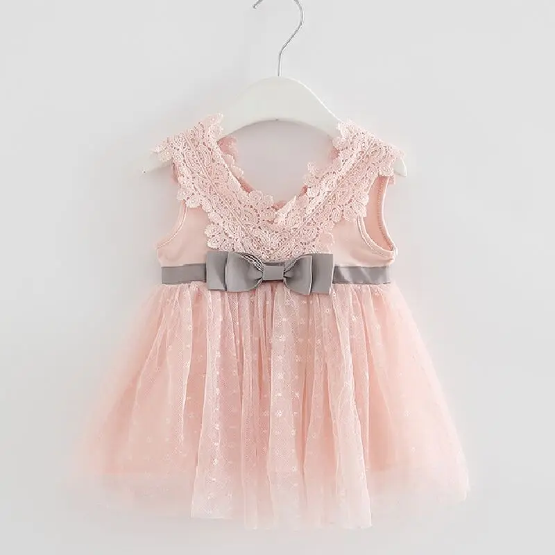 Retail-2017 summer newborn V-neck bow lace princess infant dress baby girls dress Honey Baby clothes ball gown 3 color