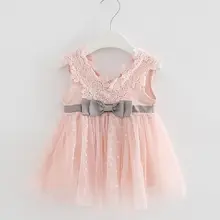 Retail-2018 summer newborn V-neck bow lace princess infant dress baby girls dress Honey Baby clothes ball gown 3 color