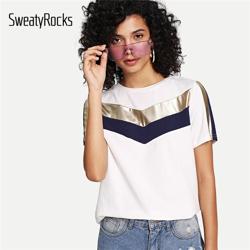 SweatyRocks Colorblock белые футболки уличный с короткими рукавами Мода эластичный Футболка Лето 2019 г. Повседневное для женщин основы Топы