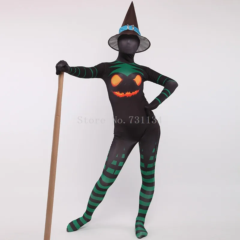 Хэллоуин сексуальная черная ведьма зентай костюм Тыква Печать лайкра костюм из спандекса Косплей - Цвет: As Picture