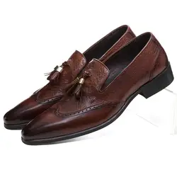 Модные коричневые TAN/черная обувь с острым носком Лоферы мужская повседневная обувь платье из натуральной кожи обувь мужские свадебные