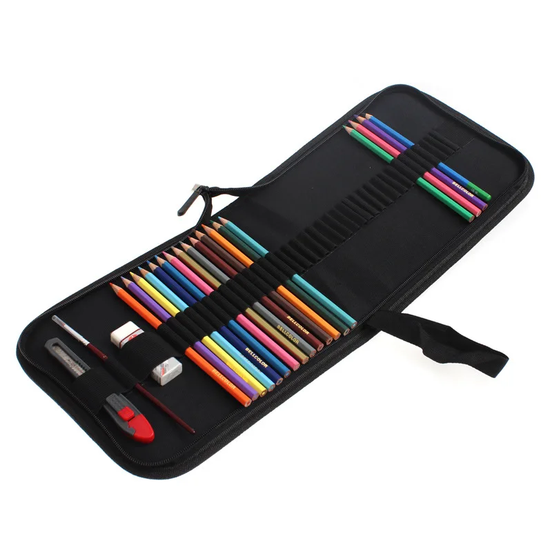Black Canvas Pencil bag 36pcs Set Pencils+Eraser+Pencil Case+Knife Art Supplies colorful colored
