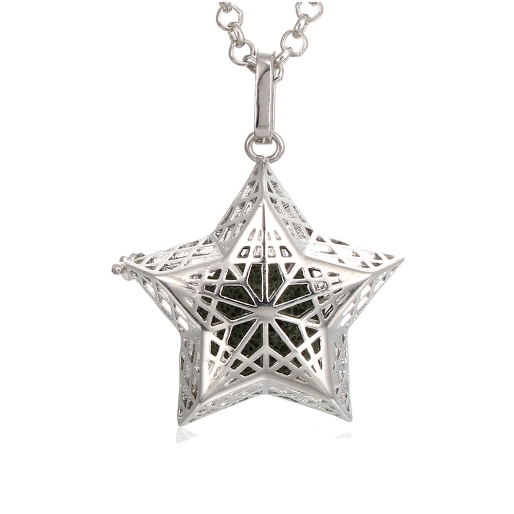 

Vintage Silver Star Lava Rock Aroma Necklace Essential Oil Diffuser Bohemian Hollow Locket Pendant Necklace with 70cm SS Chain