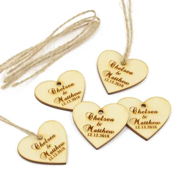 

50 Pcs Personalized Wooden Love Heart Tags Engraved Gift Labels Wood Wine Charm Baptism Bridal Shower Tag Rustic Wedding Favors